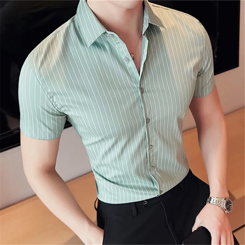 Men's Classic Style Striped Shirts Summer Smart Casual Short Sleeve Slim Fit Fashion Turn Down Collar Dress Shirt Men Daily Tops