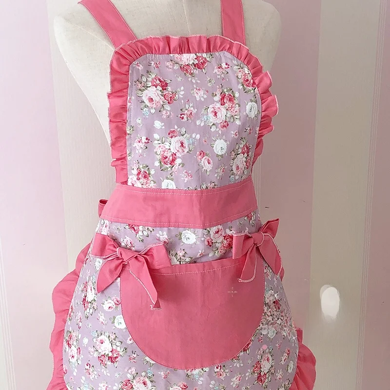 

Faionable Korean Sle Pure Cotton Breathable Cooking Apron Cute Princ Country Home Adult Kitchen Apron Cover up