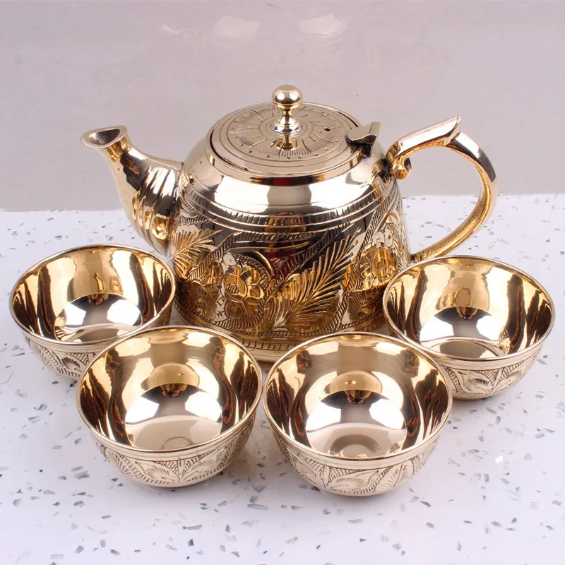 Bronze retro Chinese style tea making set, home tea drinking, teapot, cup, copper bowl