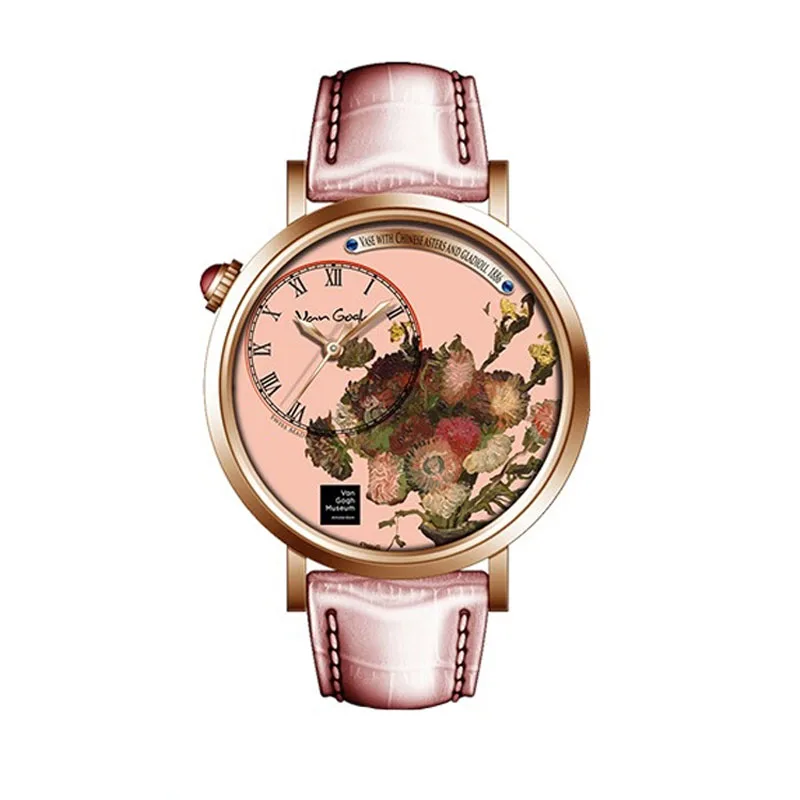 Van Gogh Sunflower Oil Painting Dial Quartz Watch for Women Swiss Movement 36mm Gold Case White Leather Strap image 3