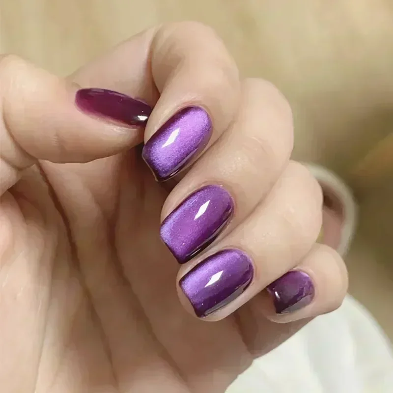 24 pçs roxo olho de gato unhas falsas cabeça quadrada unhas de balé francês imprensa curta em unhas wearable cobertura completa acrílico dicas de unhas falsas