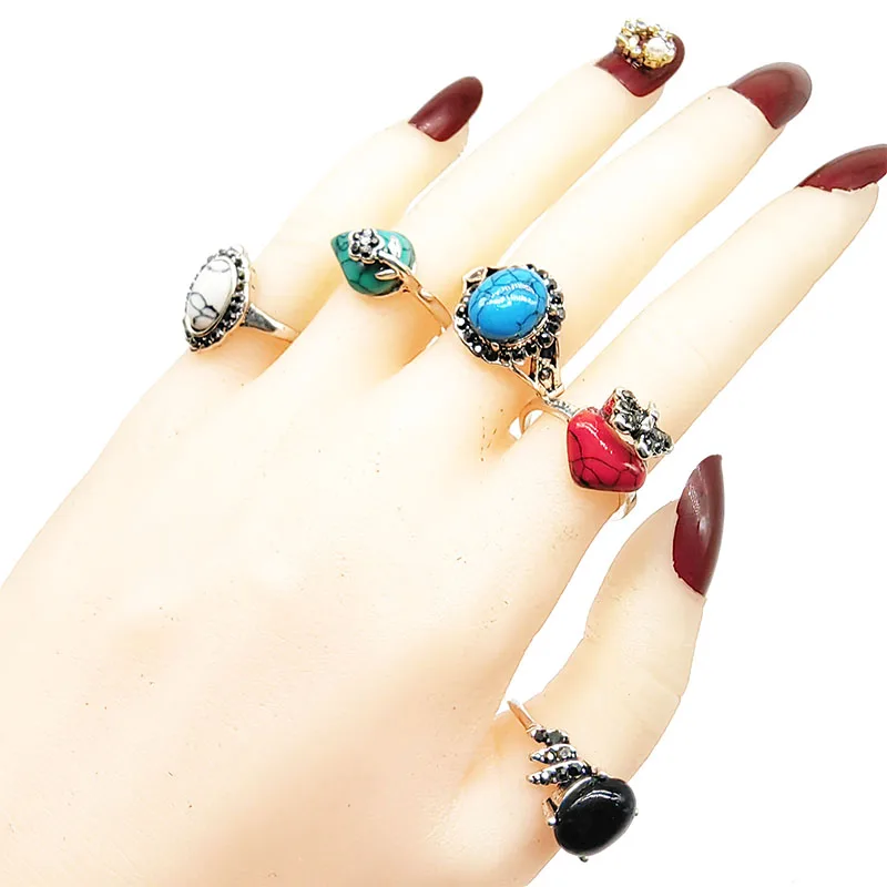 20 teile/los Großhandel Bunte Oval Naturstein Finger Ringe Für Frauen Böhmen Mix Stil Silber Farbe Hohl Legierung Metall Schmuck – Detail 15