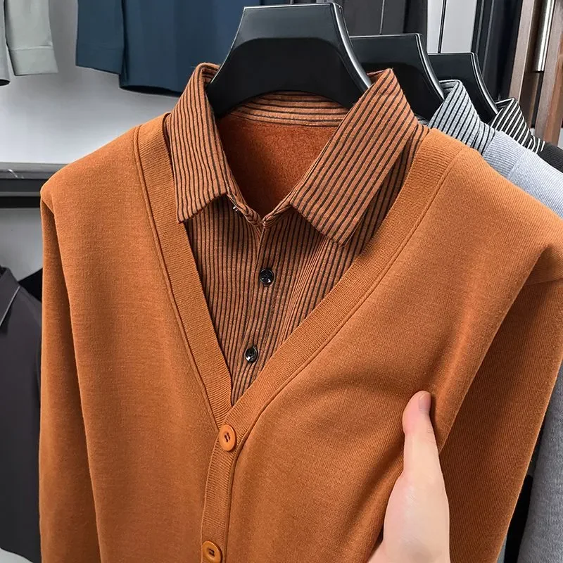 Autumn and Winter Young and Middle-aged Men's Loose Shirts Velvet Thickened Sweaters One-piece Velvet Warm Outer Collar