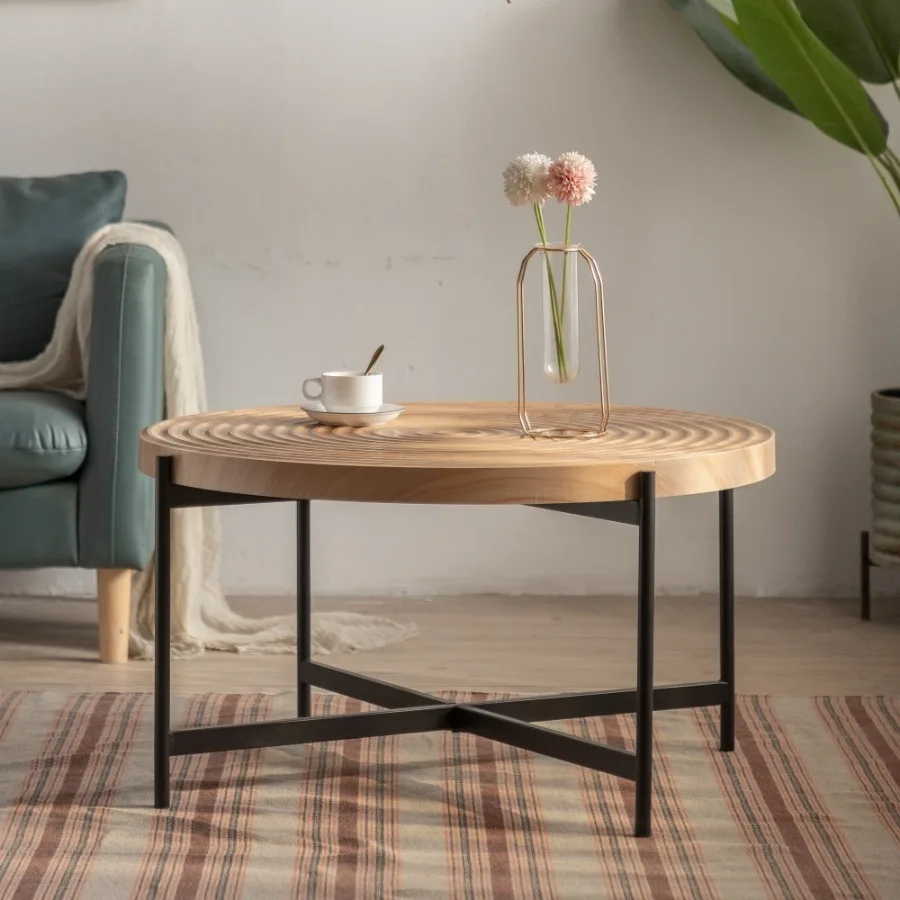 33"Modern Thread Design Round Coffee Table , MDF Table Top with Cross Legs Metal Base image 2