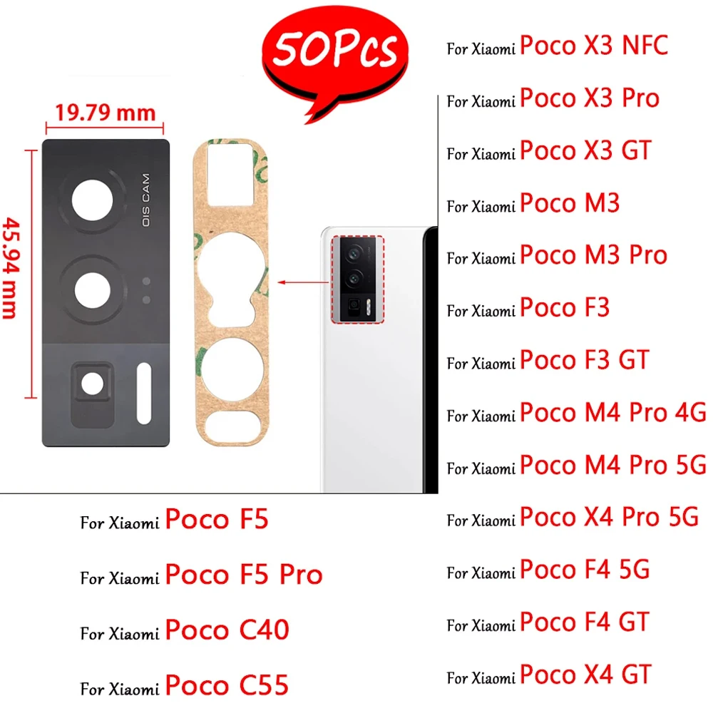 50Pcs , NEW Back Camera Glass Lens Cover With Glue Adhesive For Xiaomi Poco X3 NFC X3 GT X4 M4 Pro M3 F3 F4 5G F5 C40