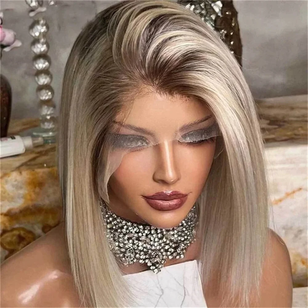 Ash Platinum Blonde Straight Short Bob Wig Rooted HD Transparent 13x4 Lace Frontal Wig Syntheic Fibre Cosplay Wig for Grils Gift