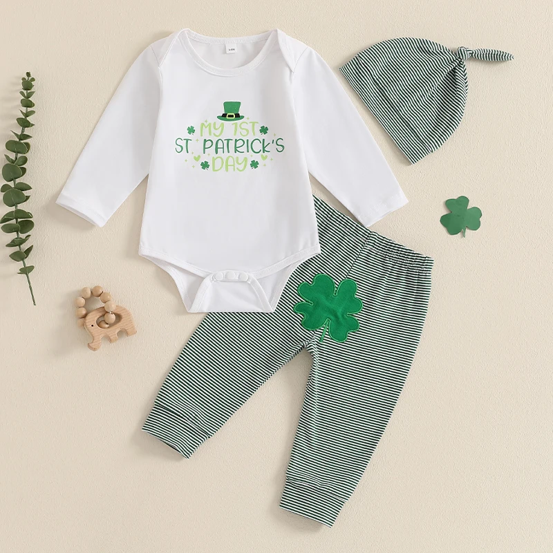 Baby Boy Irish Day Outfit Letter Print Long Sleeve Rompers and Striped Clover Print Pants Hat Set 3 Piece Clothes