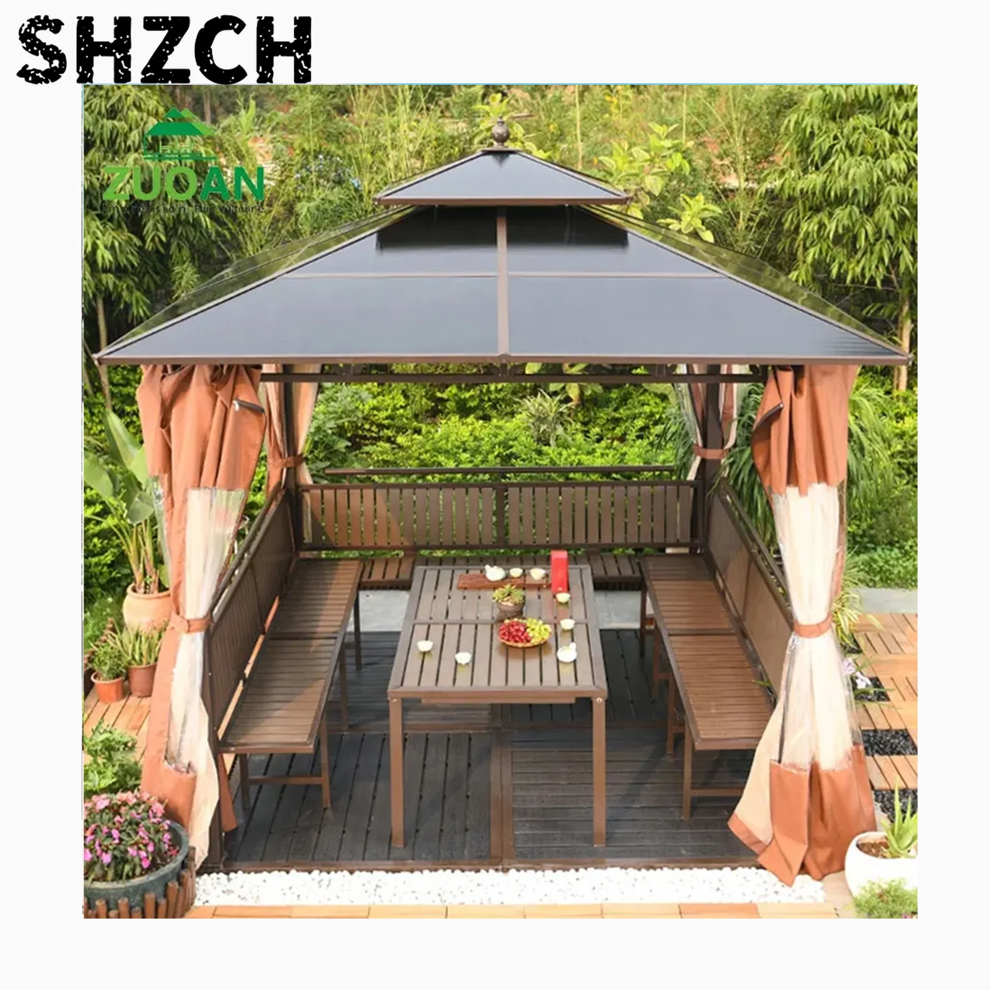 Outdoor Furniture Patio PC Hard Top Sun Resistant Aluminum Metal Gazebo Mosquito Netting Metal Garden Gazebo
