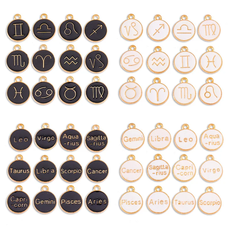 12Pcs Enamel Color Letter Pendant Leo Aries Cancer Constellation Alloy Charm for Couples Bracelet Earrings DIY Jewelry Ornament