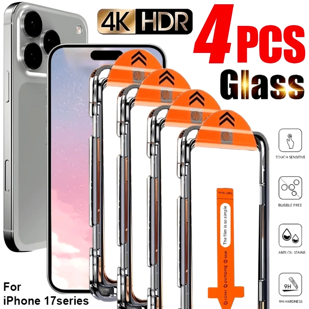 

4Pcs Ultra Clear Screen Protector for iPhone 17 16 15 14 Pro Max Air 16 15 Plus 13 12 11 Pro Mini One Click Installation Glass