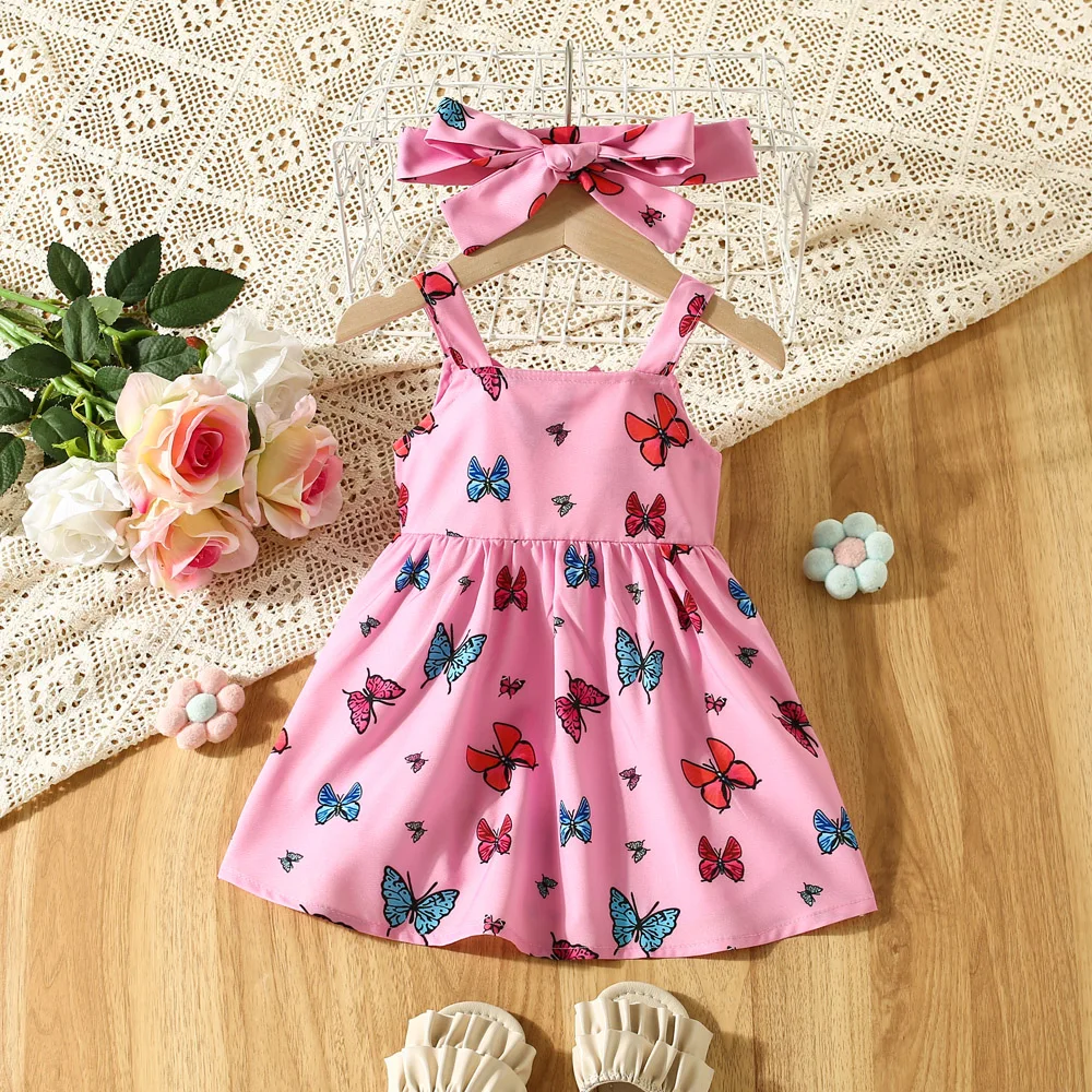 Summer Colorful Butterfly Printed Cotton Cloth Hanging Strap Baby Girl Dress Cute Bow Girl Princess Dress With Headband