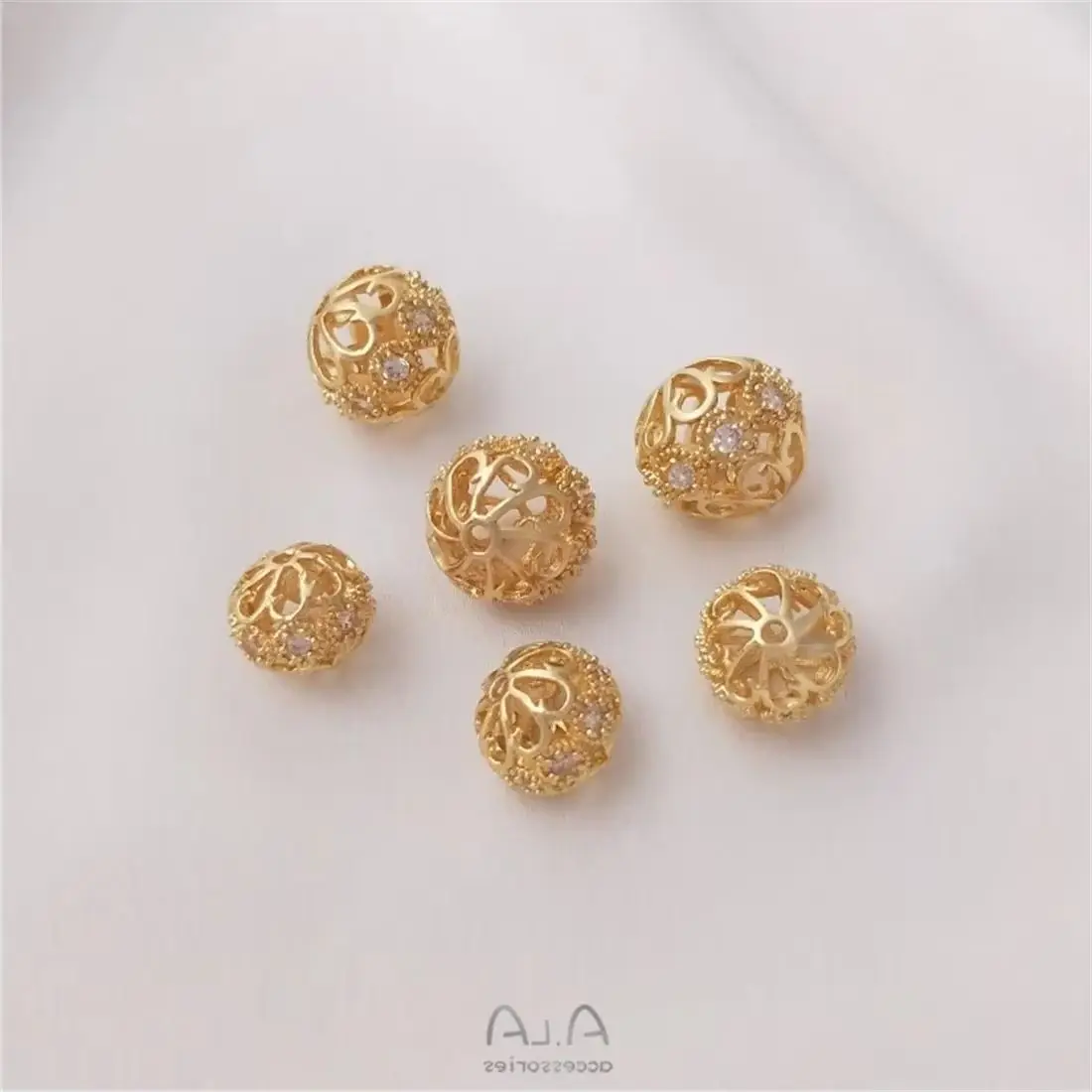 14K Gold Inlaid Zircon Flower Ball Separated Beads Handmade DIY Flower Shaped Round Ball Loose Bead Bracelet Headpiece Accessory