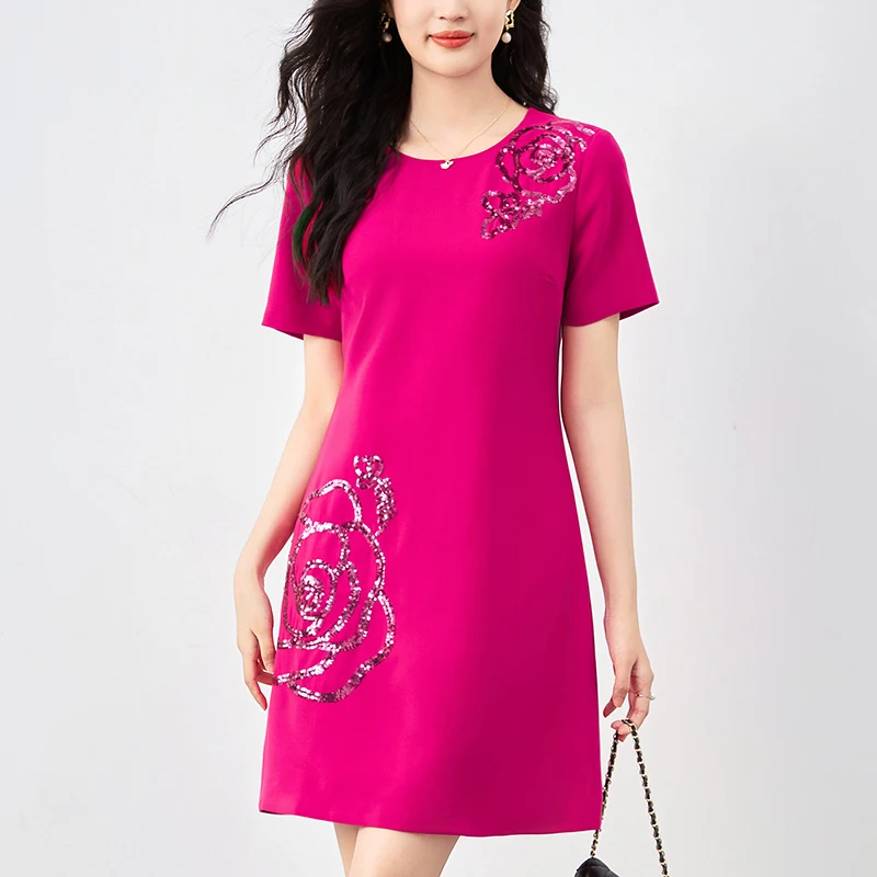 

Elegant Fashion Dresses For Women 2024 Summer O-neck Short Sleeve Sequins Women's Clothing Solid Office Lady Party Dress A-line