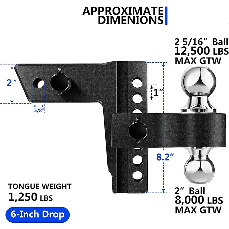 Adjustable Trailer Truck Drop Hitch Fits 2 Inch Receiver 6 Inch Drop Dual Ball Mount 2