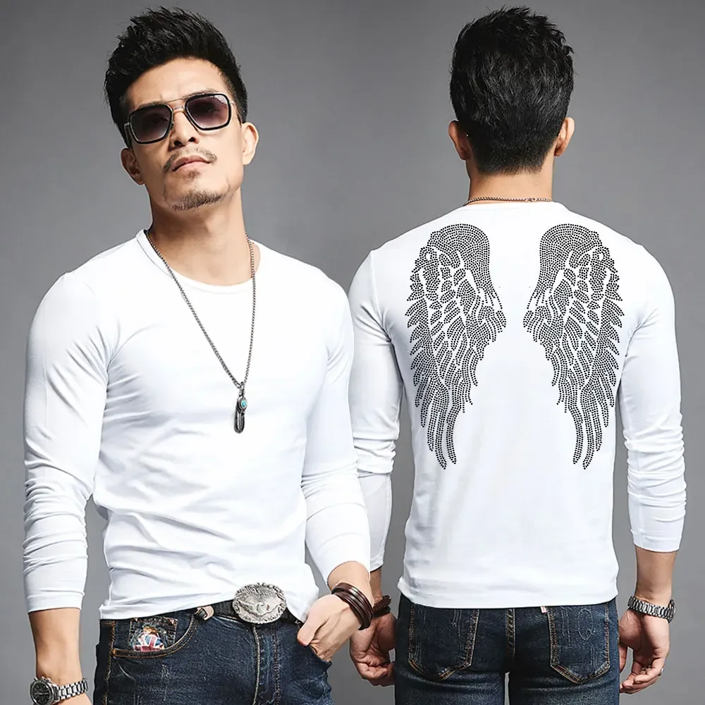 Unisex Rhinestone Wings Print T shirts Male Streetwear Cotton Ins Punk T-Shirt Dropshipping Oversize Long Sleeve Clothes