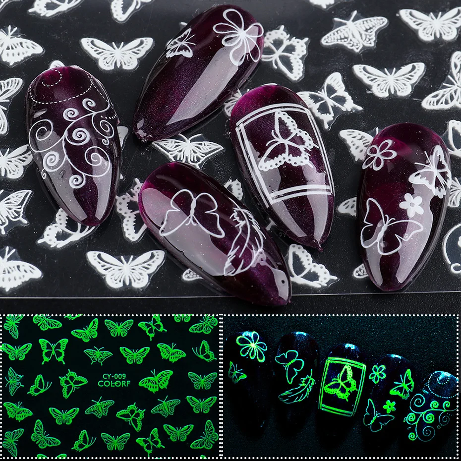 Luminous Effect Butterfly Leaf Flower Dragonfly Nail Sticker Glow in the Dark Glitter Decal 3D Green White Slider SACY001-009