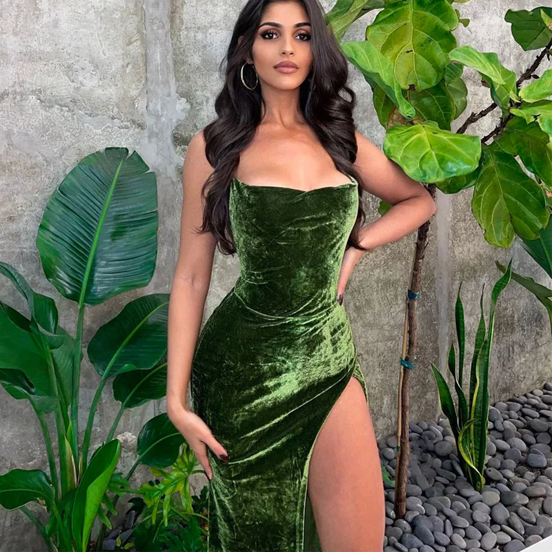 Lace Up Green Velvet Strap Maxi Dress For Women Side Slit Backless Bodycon Sexy Prom Dress Outfit Elegant Birthday Party