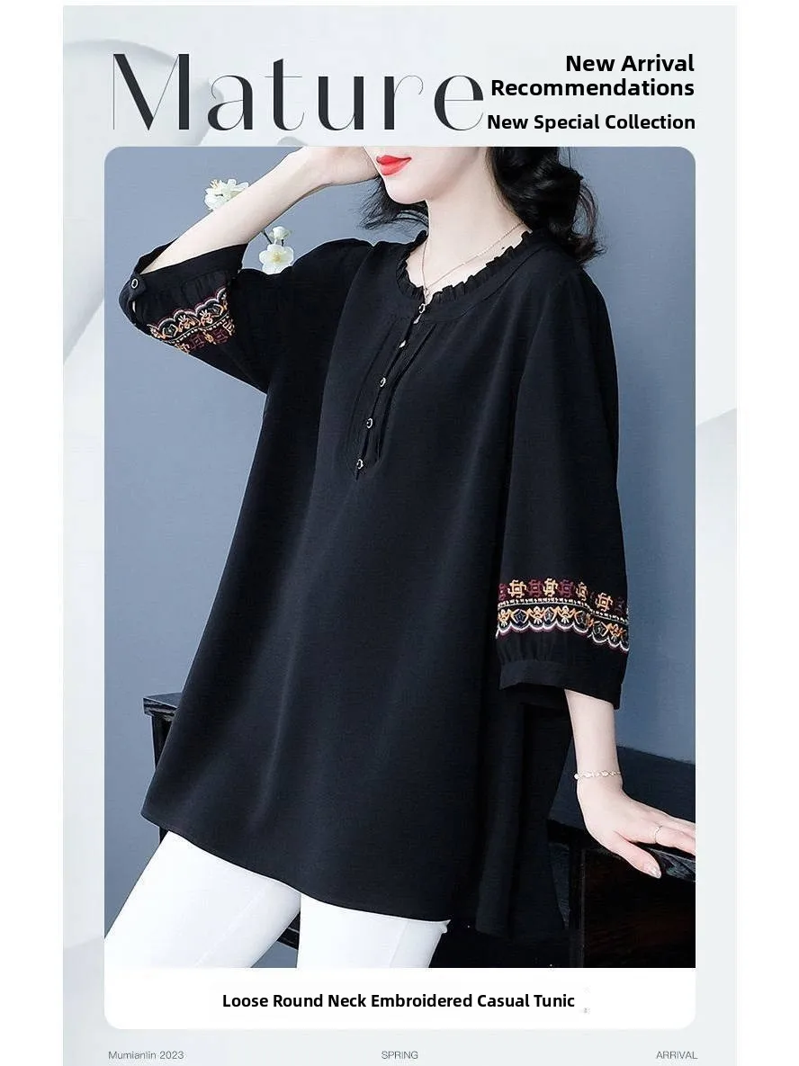 

Plus Size plus Size Loose Svel Embroidered irt Women Summer Slimming Vintage Sle Fat Middle-Aged Mom ort Sve Top