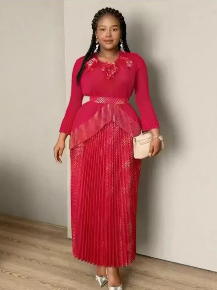 

Комплект из двух предметов Miyake: топ с объемными цветами и длинная плиссированная юбка на шнуровке, новинка 2026 года, женская одежда