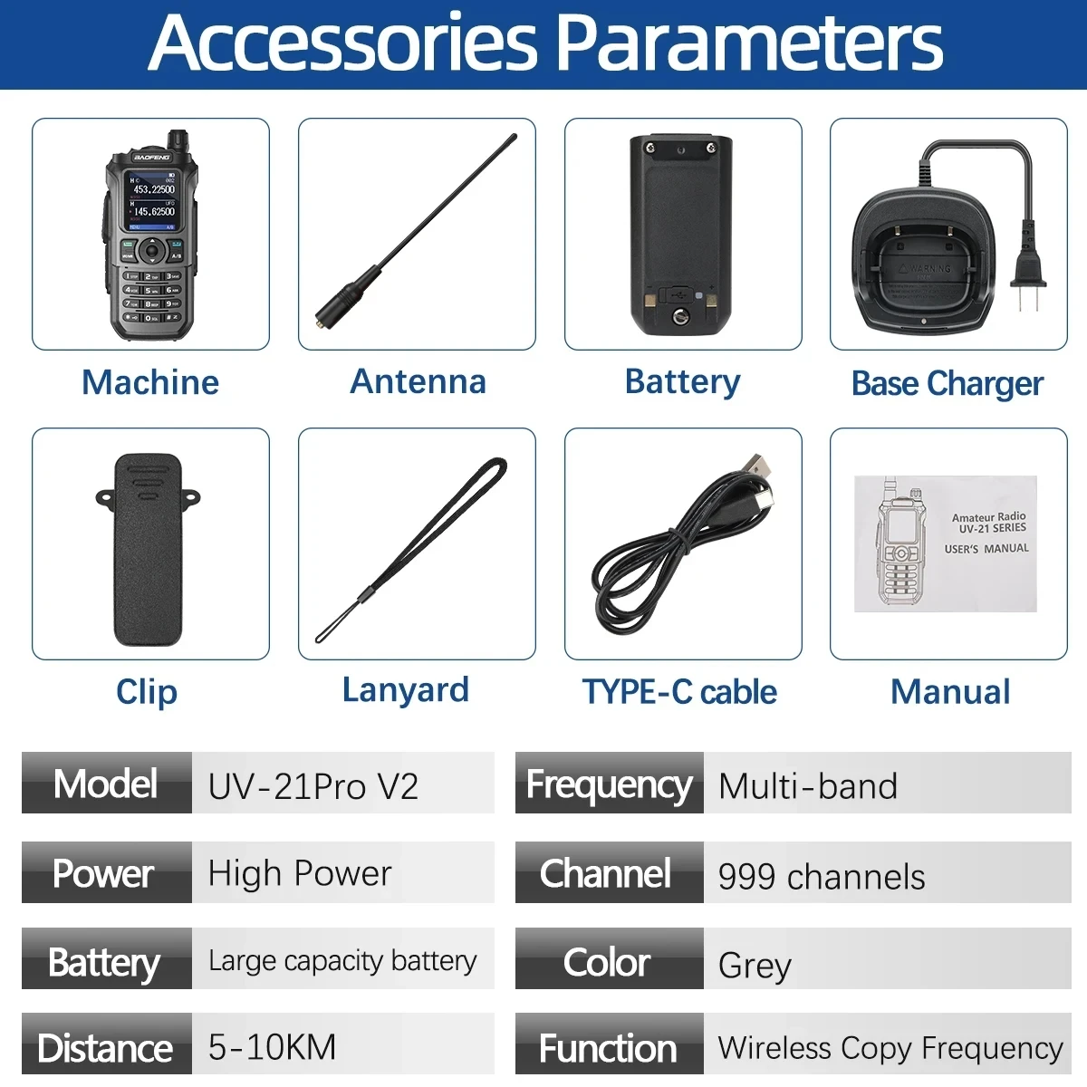 Baofeng UV 21 Pro V2 Am copia inalámbrica frecuencia Walkie Talkie linterna de largo alcance cargador tipo C Radioaficionado UV-5R BF-888S