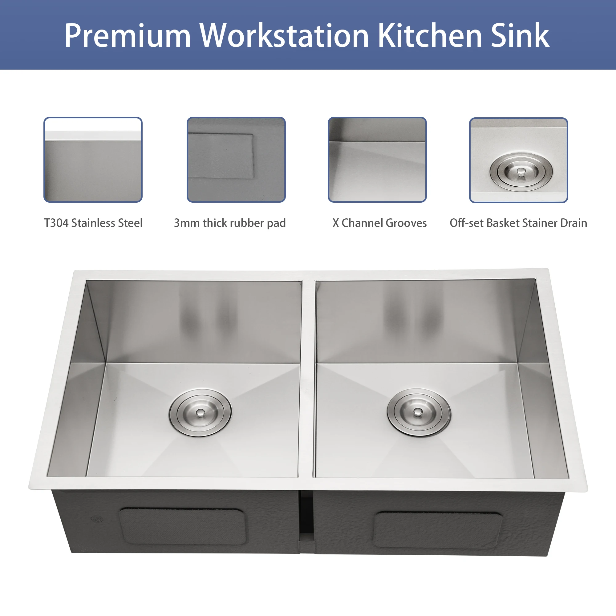 33x19 Undermount Double Bowl Kitchen Sink (50/50) in 18 Gauge Stainless Steel with 9 Inch Deep basin