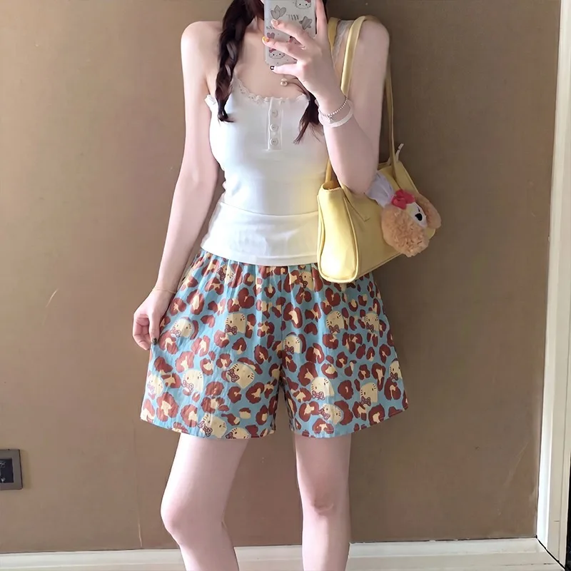 Women Casual Print Lounge Shorts, Elastic High Waist Loose Fit Sleep Shorts, Cute Cartoon Leopard Pattern Pajama Shorts, Soft Br