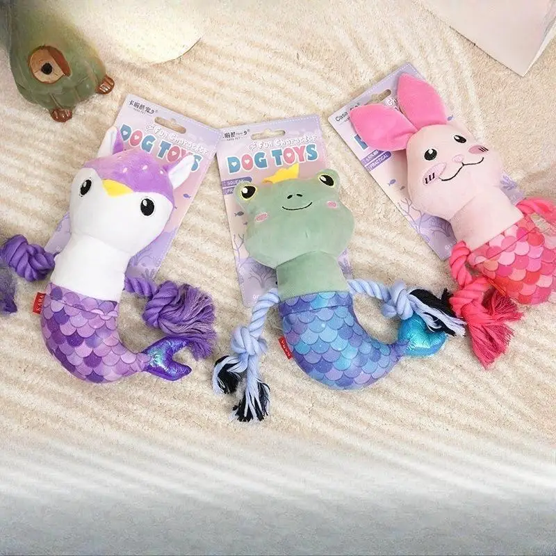 ألعاب الكلاب من سلسلة حورية البحر مع صوت، ألعاب حبل قطيفة مقاومة للمضغ للتسنين وتخفيف الملل، للكلاب الصغيرة والمتوسطة والكبيرة