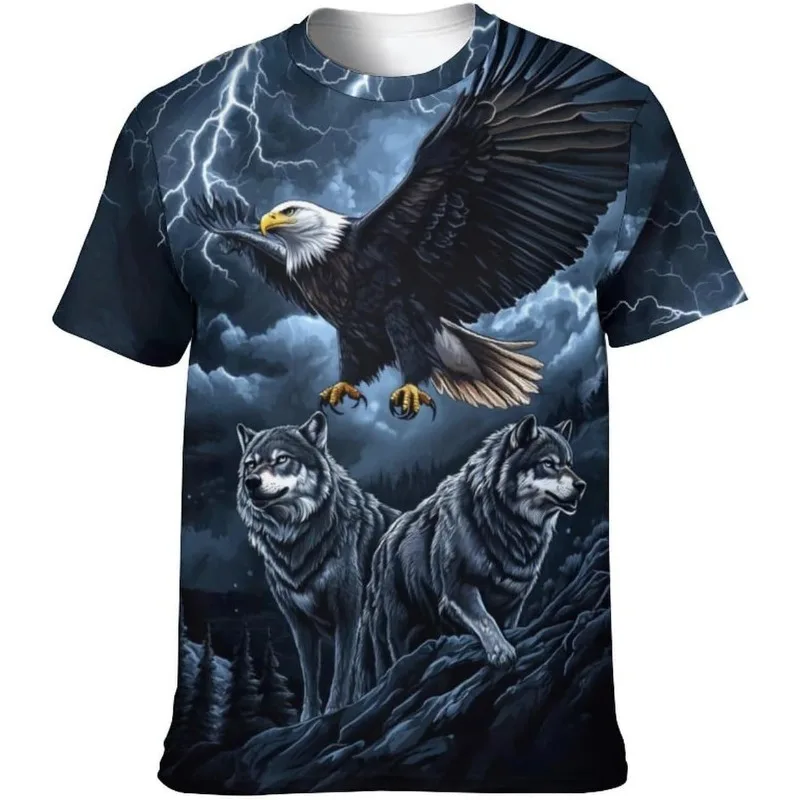 Men's 3D Printed Wolf And Bald Eagle Graphic Tee Shirt Animal Theme Shirt Fashion Trendy Street Oversized Graphic T-Shirts Tees