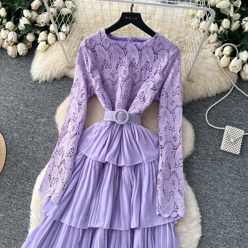 Renda manga longa a linha vestido feminino 2026 primavera nova cintura-cinch babados em camadas vestidos estilo francês vestido temperamento