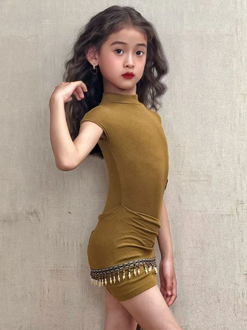 أطفال بنات الجمل أكمام مسمار الخرز اللاتينية Dancewear ارتداءها ومنشفة الورك كاوبوي سامبا رومبا ممارسة المنافسة Dancewear