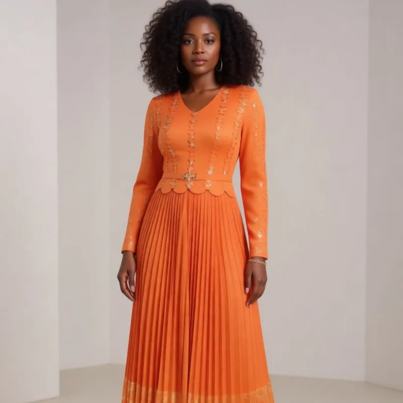 

Плиссированное женское платье Miyake 2026, новое, с длинными рукавами и v-образным вырезом, темпераментное, элегантное, свободное, длинное платье большого размера, европейская складная одежда