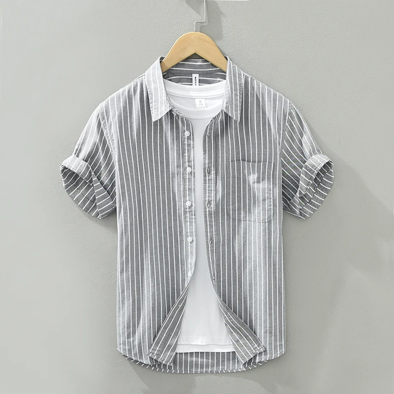 

Loose Fit Ox Cloth Stripe ort Sve Casual irt Men's Summer Busin Breathable Versatile Outerwear Artistic Sle