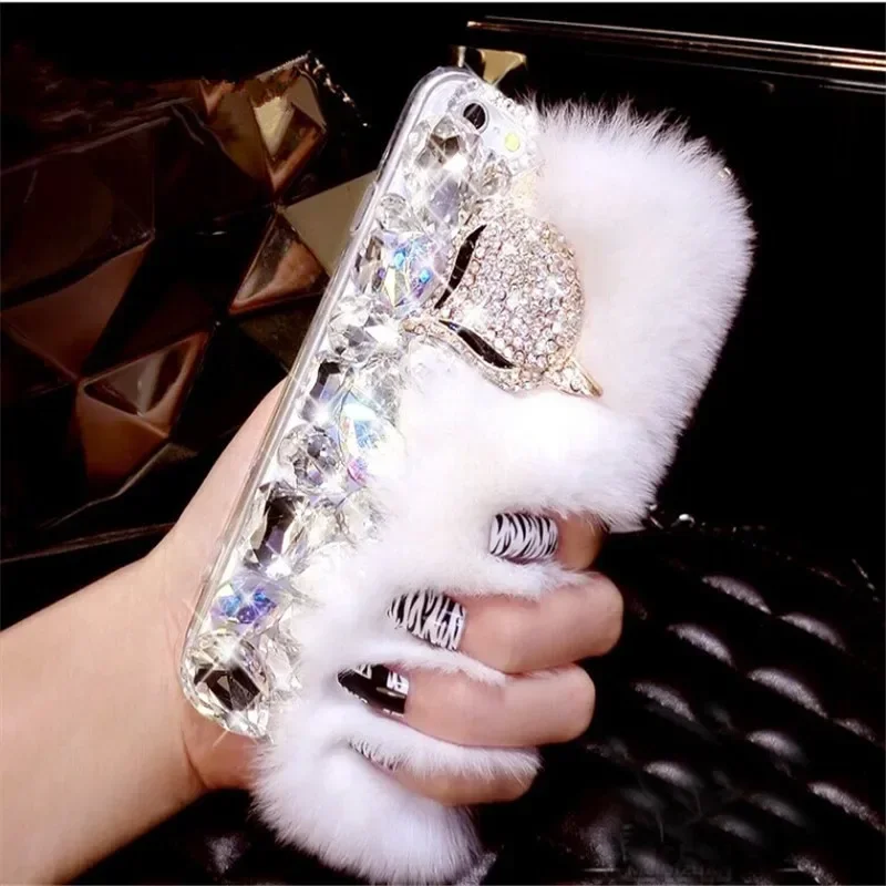 LaMaDiaa-Luxury Bling Diamond Soft Fur Case, Fox Head Phone Case for iPhone, 15Plus, 14, 16, 12, 13 Pro Max, XR, XS, 15, 16Plus