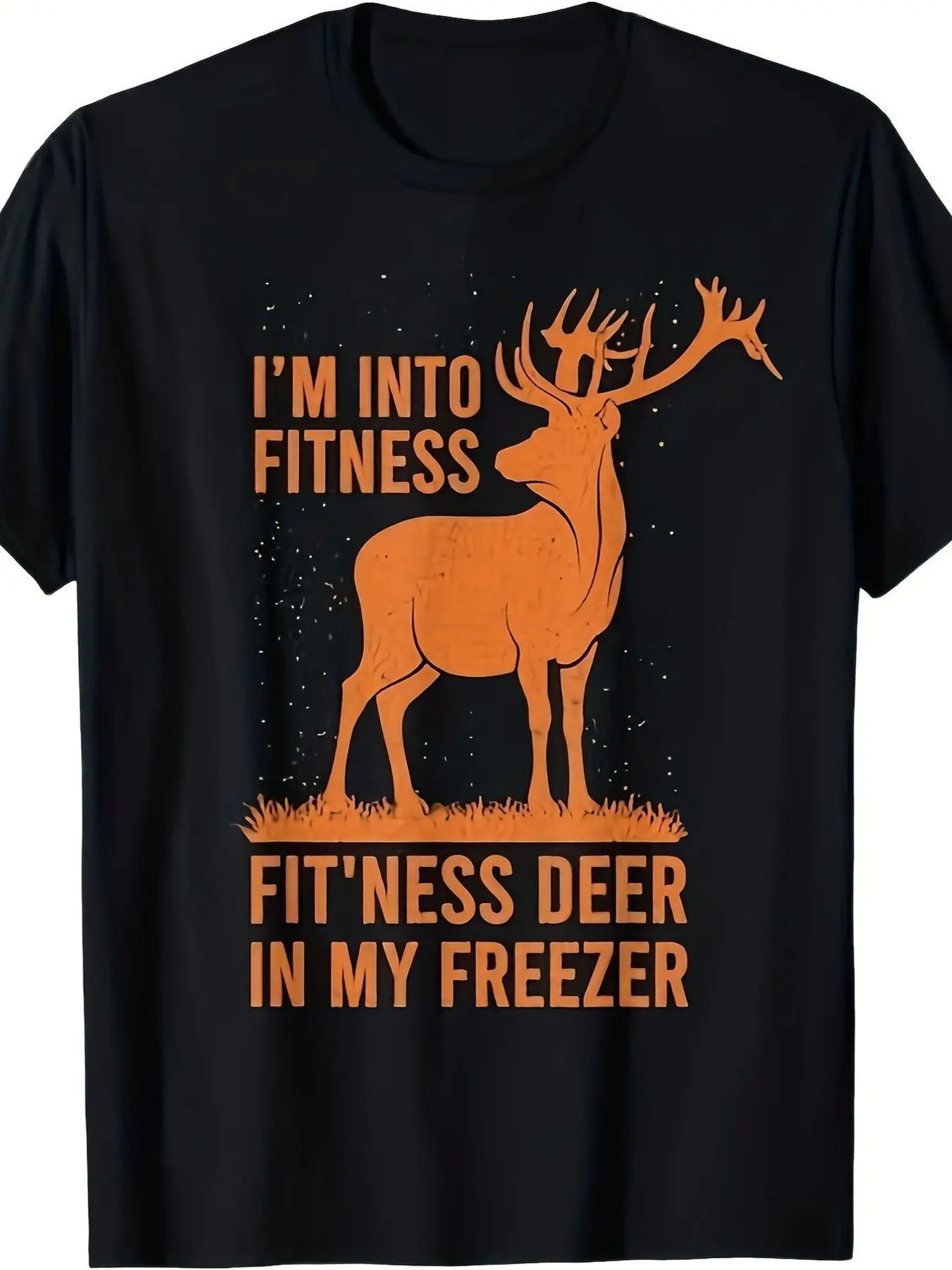 

"Fitness Deer In My Freezer" T-Shirt - Black/Orange Deer, 100% Cotton Hunters Gift