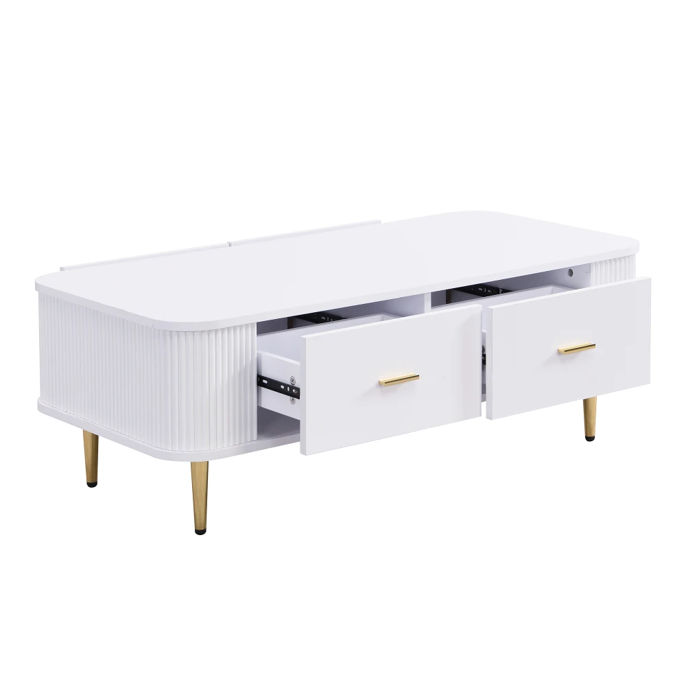 Gebogener Eck-Wohnzimmertisch, goldene Hardware, gewellte Seiten, Doppelfunktions-Couchtisch und Beistelltisch mit Schubladen – Detail 16