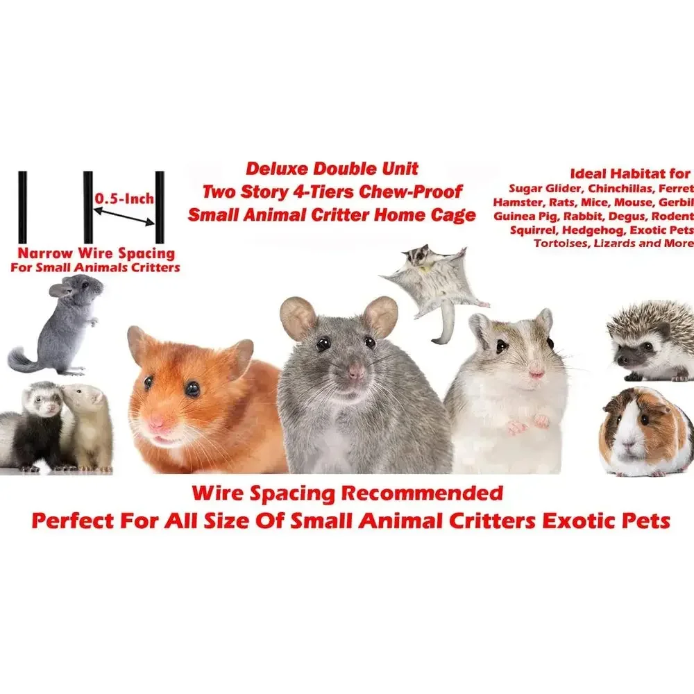 Luxury 4-Tier Double Unit Small Animal Cage with Chew-Resistant Bars for Squirrels, Chinchillas, and More