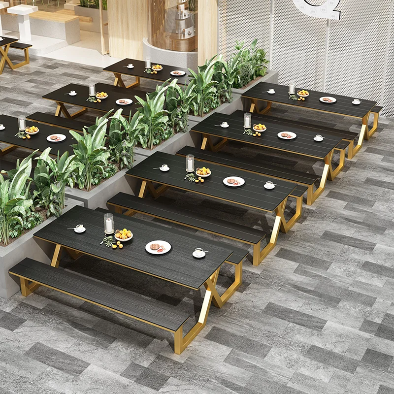 

Outdoor one-piece table and chair combination Outdoor courtyard Park one-piece waterproof table Plastic wood open-air square Din