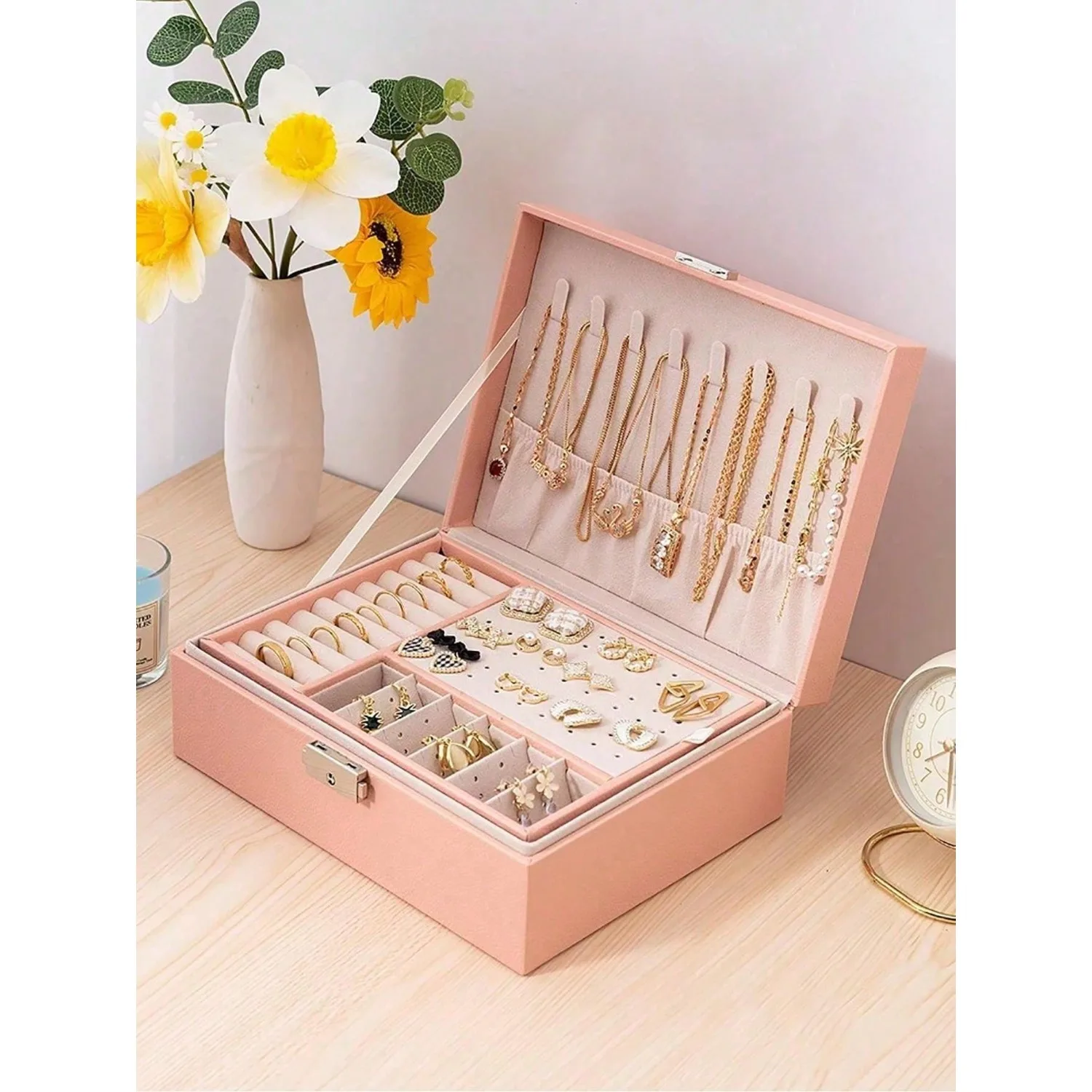 1pc Large Capacity PU Leather Jewelry Box, Lockable Jewelry Organizer Suitable For Women, Girls And Men, Soft Lining For Storing
