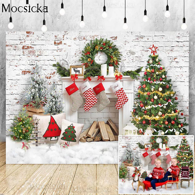 Brick Wall Fireplace Kids Christmas Backdrop For Photography Family Portrait Xmas Tree Props Hearth Child Photo Studio Photocall