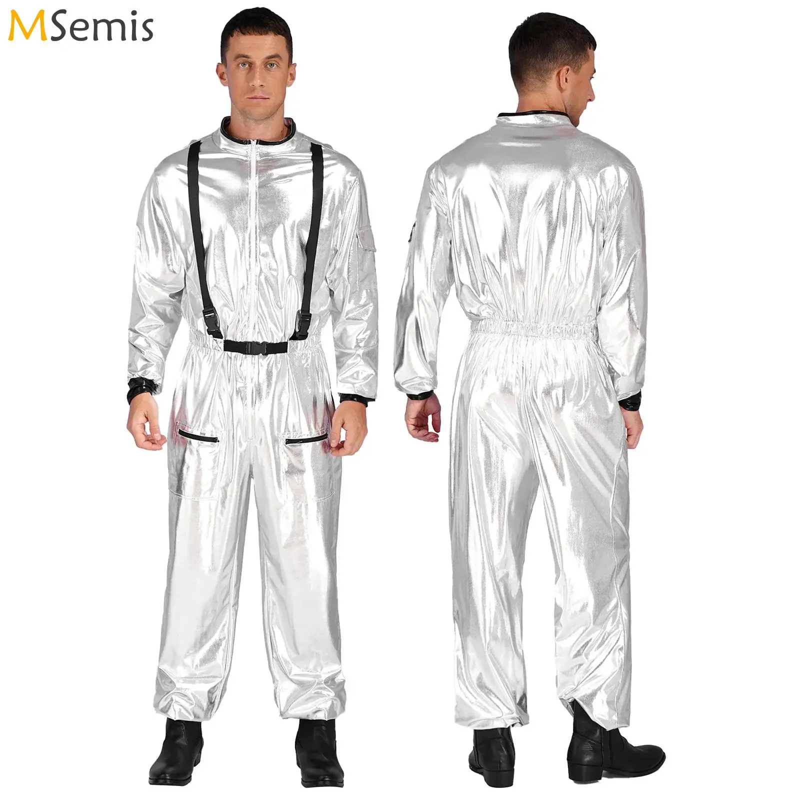 

Mens Disco Street Dance Astronaut Spaceman Jumpsuits Halloween Cosplay Costume Carnival Party Club Alien Silver Stage Outfits