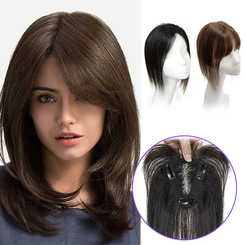 25cm 9X10cm Hairnet Human Hair Swiss Lace Pieces Clip in Hair Topper Extension with Bangs Black Dark Brown Top Wig Piece