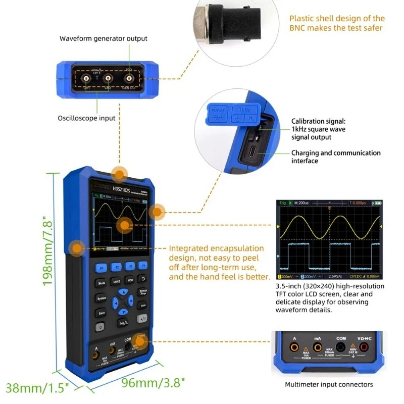 HDS2102S Portable Digital Oscilloscope‑Multimeter, Hand‑Held Mini Test Meter for Field Repair