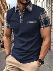 2025 Nueva camisa POLO de manga corta de verano para hombre con botón de solapa a cuadros de color, camiseta informal con bolsillo para el hogar