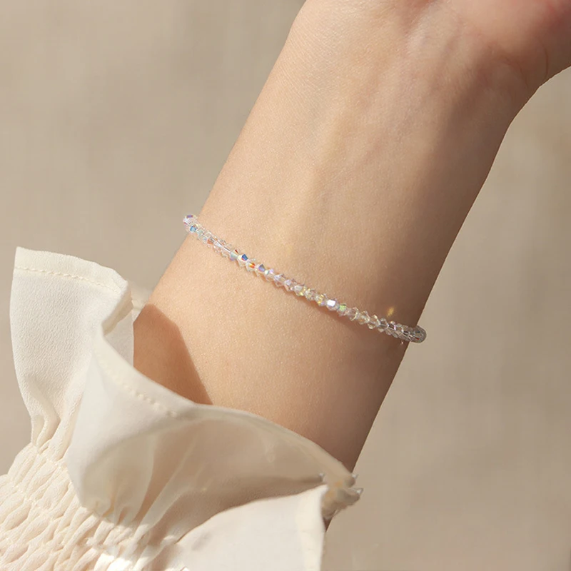 Shiny Transparent White Thin Crystal Bracelet For Women Simple Refracted Colorful Light Stretch Bracelet New Jewelry Party Gift