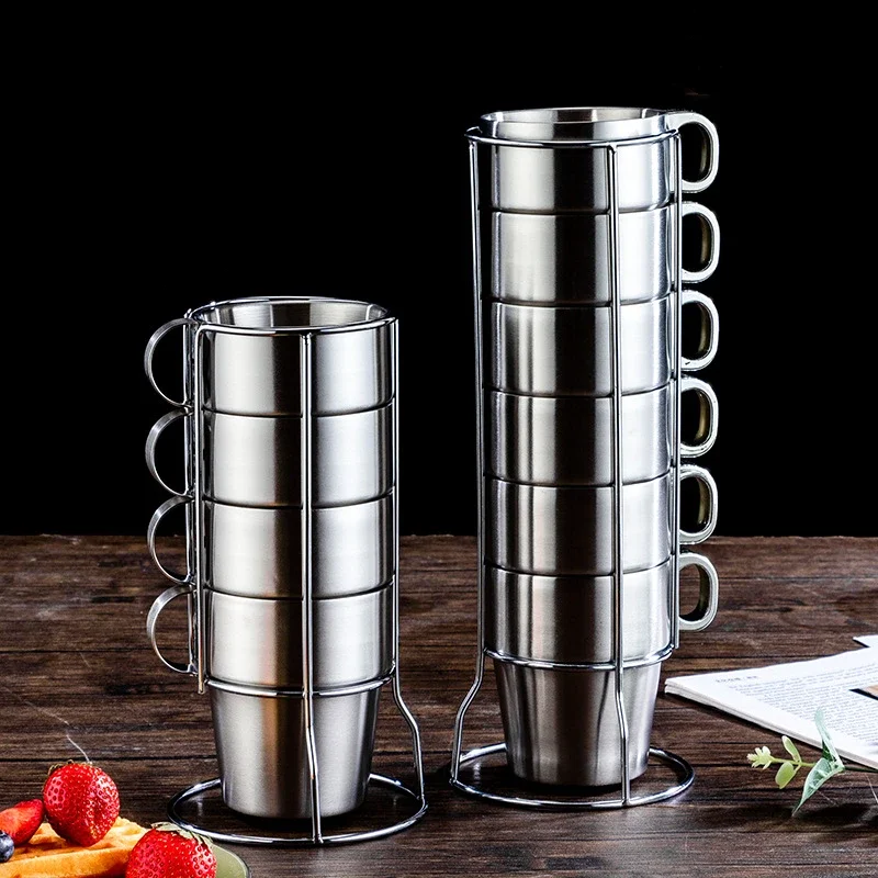 Double-walled Coffee Cup Set 304 Stainless Steel Mugs Coffee Cups Pack 6 Cups Tea Cups Outdoor Heat Insulation Anti-scalding