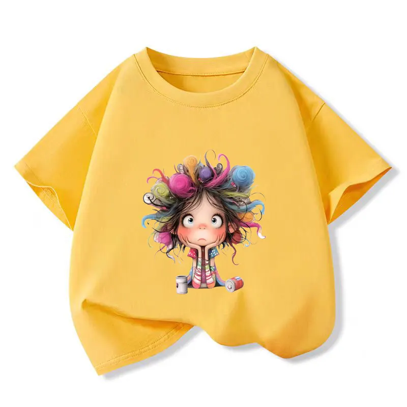 2025 Summer Fashion Children's Curly Haired Girl T-shirt Boys T Shirt Girls Clothes Print Cartoon T Shirts Cotton Kids Clothes