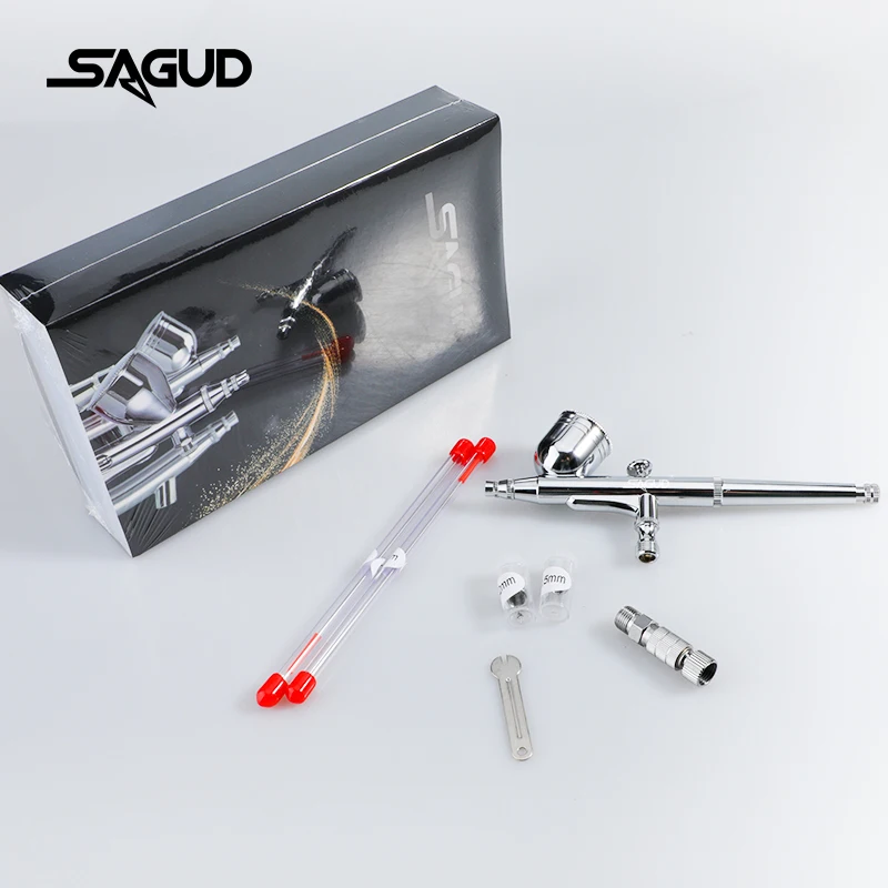 SAGUD – Kit d\'aérographe professionnel, avec aiguilles, buse de 0.2, 0.3, 0.5mm, libération rapide avec tuyau d\'air, double Action, alimentation par