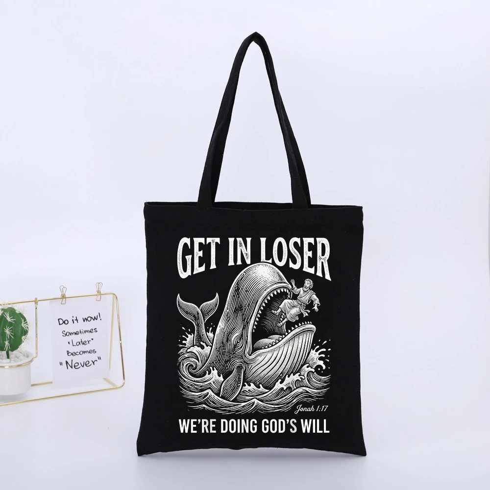 Whale and Slogan Print Canvas Tote Bag, Casual Style for Daily Shopping and Outdoor Use
