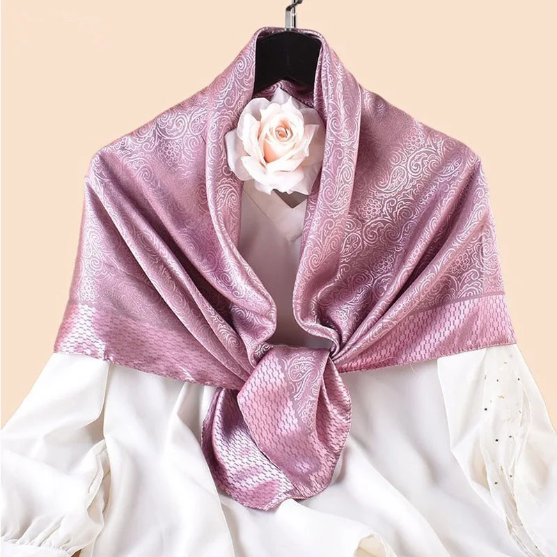 Luxus Blumendruck Seide Quadrat Schal Frauen Weiche Satin Kopftuch Halstuch Kopf Hijab Dame Stirnband Foulard Tasche Ribbo 90x90 cm – Detail 2