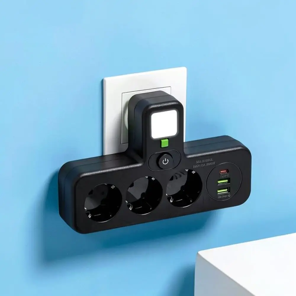 EU Wall Socket Adapter USB Type C Charging Port Night Light Individual Switch Electrical Plug Power Extender
